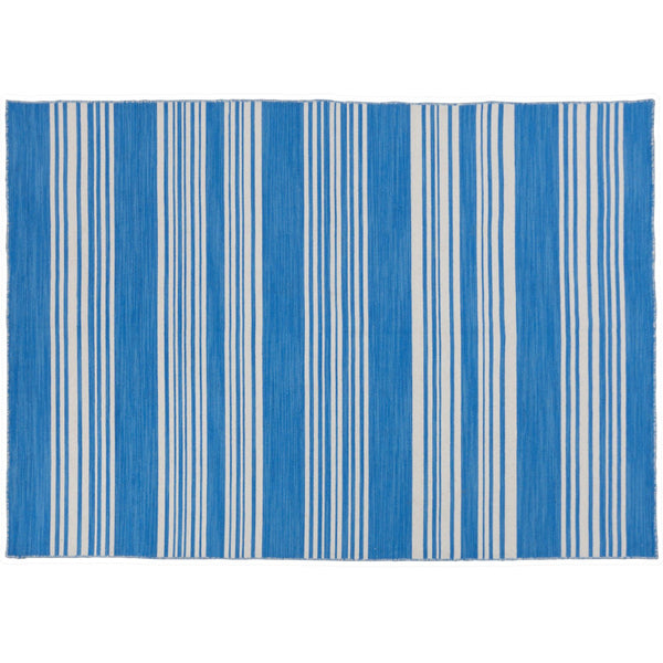 tribe home blue and white striped dhurrie rug