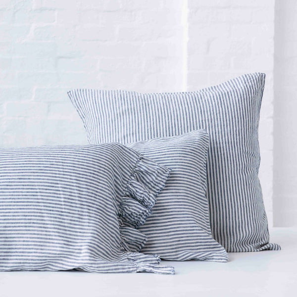 society of wanderers Blue Stripe Ruffle Pillowcase Set